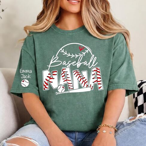 Personalized Baseball Nana Shirt for Women, Custom Kids' Names on Sleeves, Funny Baseball Nana Graphic Tee, Game Day Family Support Shirt in Kuwait
