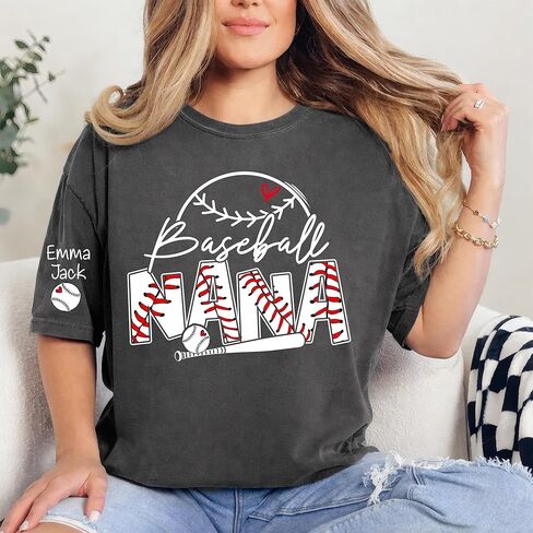 Personalized Baseball Nana Shirt for Women, Custom Kids' Names on Sleeves, Funny Baseball Nana Graphic Tee, Game Day Family Support Shirt in Kuwait