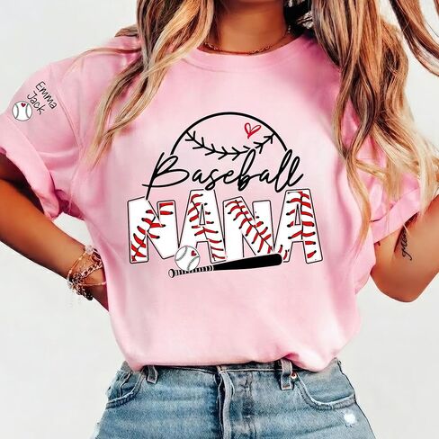 Personalized Baseball Nana Shirt for Women, Custom Kids' Names on Sleeves, Funny Baseball Nana Graphic Tee, Game Day Family Support Shirt in Kuwait