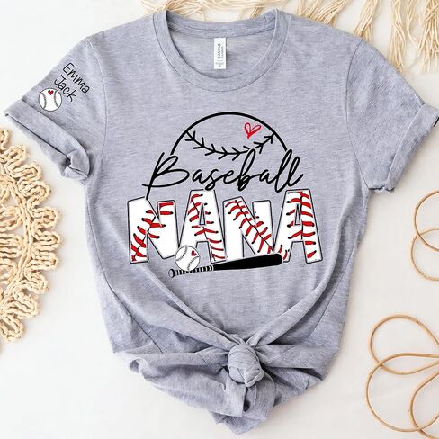 Personalized Baseball Nana Shirt for Women, Custom Kids' Names on Sleeves, Funny Baseball Nana Graphic Tee, Game Day Family Support Shirt in Kuwait