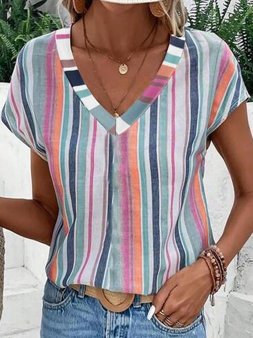 Women's Casual Short Sleeve Shirts V Neck Vintage Print Pullover Top Summer Fashion Outfits Clothes in Saudi Arabia