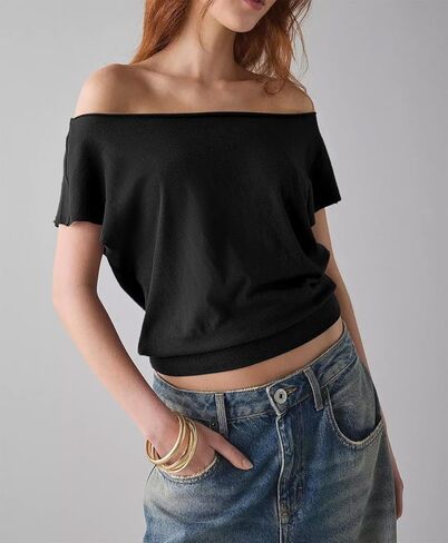 LEEDYA Off The Shoulder Tops for Women Summer Sexy Short Sleeve Tunic Top Oversized Casual Batwing T Shirt Fashion Clothes in Saudi Arabia