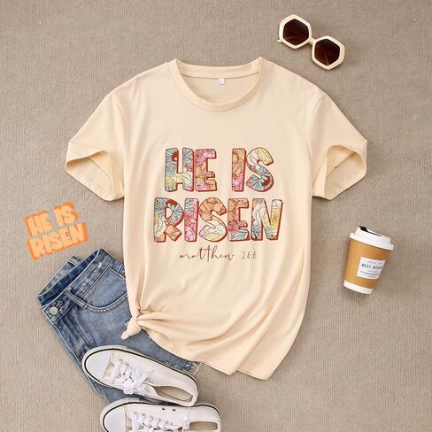 GLIGITTR Christian Shirts for Women He is Risen T-Shirt Easter Jesus Short Sleeve Summer Casual Graphic Tee Tops in Saudi Arabia