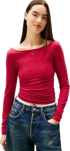 Tommy Jeans Women's Long Sleeve Graphic Tee with Rhinestone Flag Logo and Tie Back in Kuwait