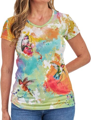 Hummingbirds of The USA - تي شيرتات برسومات على شكل حرف V للنساء - تي شيرت بتصميم الطبيعة والطائر الطنان مطبوع بالكامل للنساء in Saudi Arabia