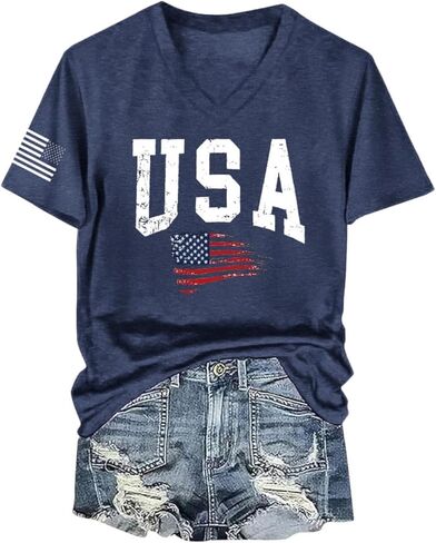 قميص الرابع من يوليو للنساء: تي شيرت العلم الأمريكي برسومات النجوم والمشارب، تي شيرت صيفي وطني أحمر وأبيض وأزرق in Kuwait