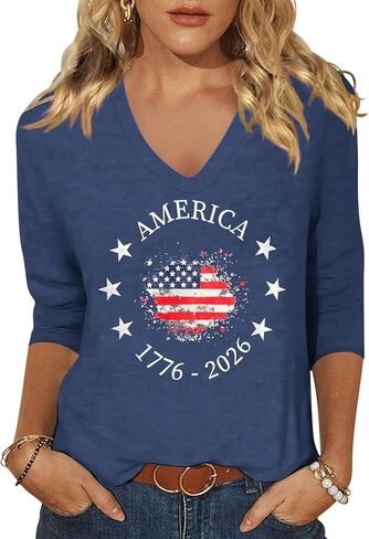 4th of July V Neck Shirt for Women:USA Flag Graphic 3/4 Sleeve Tee Stars and Stripes Tshirt Red White and Blue Tops in Saudi Arabia