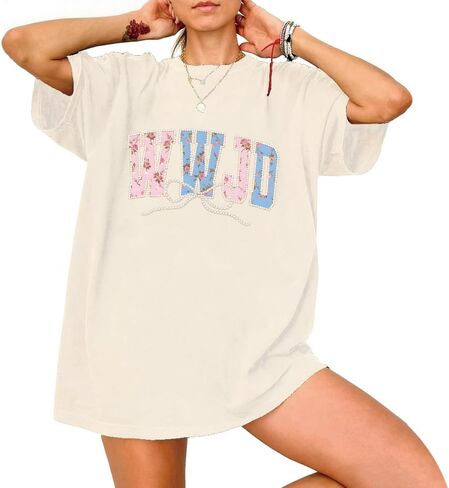 تي شيرت WWJD كبير الحجم، قمصان مسيحية جمالية زهرية للنساء in Kuwait