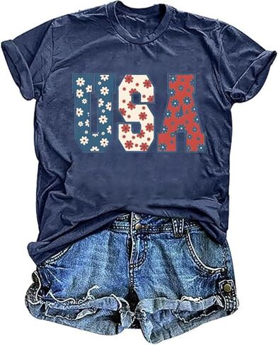 TIXOM Women's USA Floral Flowers Shirt 4th of July American Flag Graphic Tee Independence Day Summer Patriotic Tops in Kuwait