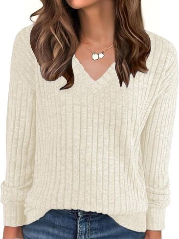 Women’s Long Sleeve Round Neck Top, Ribbed Slim Fit Knit Sweater, Soft and Cozy, Perfect for Casual Fall and Winter Wear (Apricot, L) in Saudi Arabia