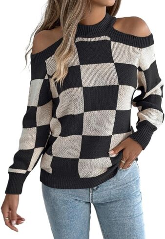 Women Checkered Color Block Sweater Fall Winter Cold Shoulder Long Sleeve Knitted Plaid Trendy Pullover Tops 2026 in Kuwait