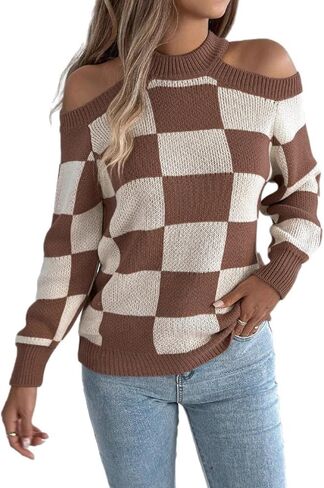 Women Checkered Color Block Sweater Fall Winter Cold Shoulder Long Sleeve Knitted Plaid Trendy Pullover Tops 2026 in Saudi Arabia