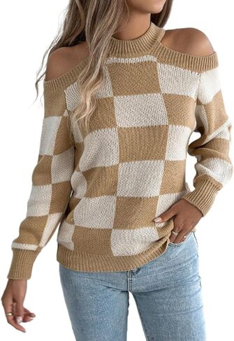Women Checkered Color Block Sweater Fall Winter Cold Shoulder Long Sleeve Knitted Plaid Trendy Pullover Tops 2026 in Saudi Arabia