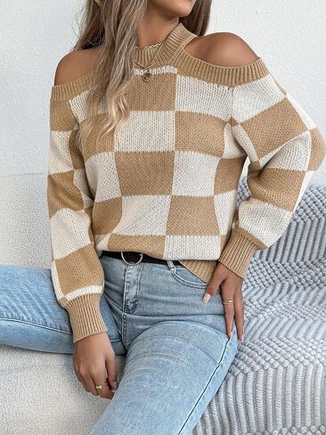 Women Checkered Color Block Sweater Fall Winter Cold Shoulder Long Sleeve Knitted Plaid Trendy Pullover Tops 2026 in Saudi Arabia
