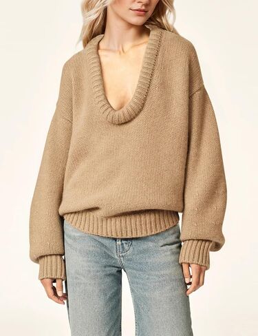 Women's Oversized U Neck Pullover Sweater Long Sleeve Knitted Sweater Chunky Trendy Fall Winter Sweater Tops Khaki in Saudi Arabia