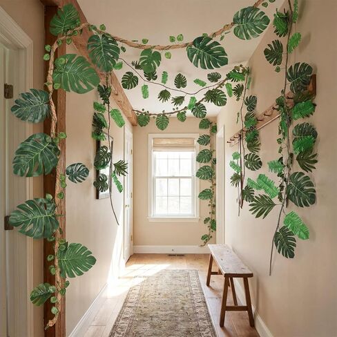 2 Pcs 10ft Jungle Party Decorations Ivy Tropical Vines Artificial Ivy Artificial Rattan Kraft Paper Fake Tropical Palm Leaves for Garden Forest Indoor Outdoor Party in Kuwait