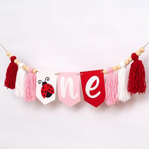 Ladybug First Birthday High Chair Banner - 1st Birthday Party Decoration Supplies Highchair Banner, Animals Theme Milestone Party Banner, Ladybug Sign Anniversary Milestone Celebration Garland Banner in Kuwait