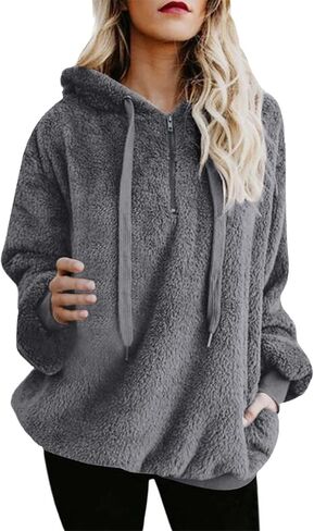 TANGNADE Hoodies for Women Fuzzy Fleece 1/4 Zip Pullover Oversized Sherpa Sweatshirt Fluffy Warm Winter Tops with Pockets in Kuwait