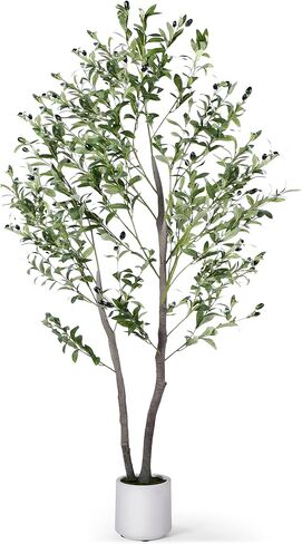 Artificial Olive Tree 6FT, Indoor Fake Silk Plant with Realistic Trunk, Leaves, Fruits and White Planter, Faux Potted Tree for Home Decor and Housewarming Gift, 1 Pack in Kuwait