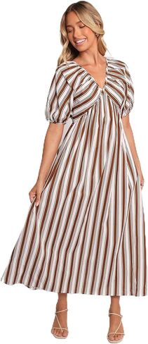 Petal & Pup Women's Sullivan-Puff-Sleeve-Maxi-Dress-Chocolate-Stripe in Saudi Arabia