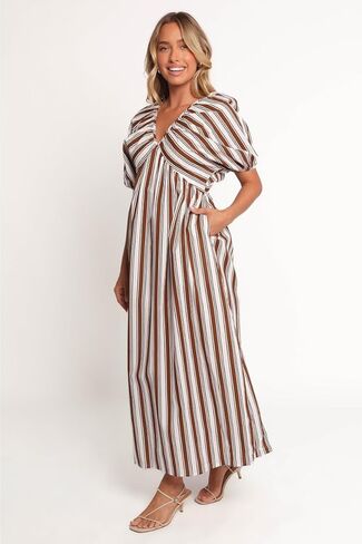 Petal & Pup Women's Sullivan-Puff-Sleeve-Maxi-Dress-Chocolate-Stripe in Saudi Arabia