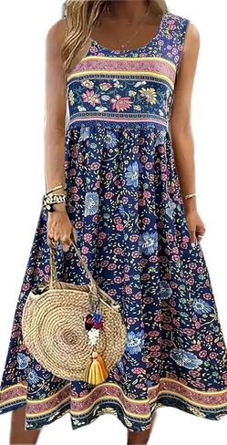 Tank Dresses for Women 2026 Summer Boho Floral Crew Neck Sleeveless Long Sundress Loose Casual Beach Dress with Pocket in Kuwait