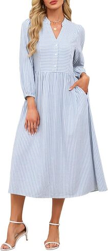 Women's Striped 3/4 Sleeve Button Up Midi Dress V-Neck Casual Loose Shift Dress in Saudi Arabia