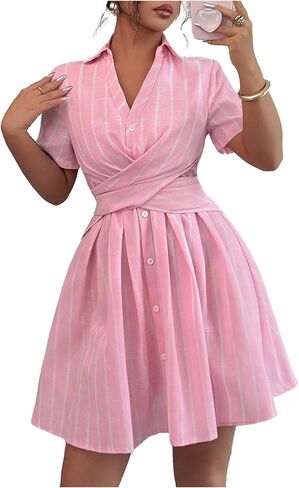 Women's Striped Button Down Shirt Dress Wrap Tie Back Collared V Neck A Line Mini Casual Summer Dresses in Kuwait