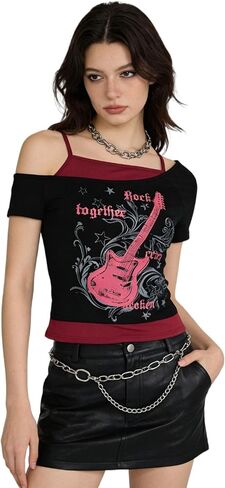 Women Y2k T Shirt Emo Grunge Crop Tees Graphic 2000s Fake Two Piece Short Sleeve Off Shoulder Tops Alt Clothes in Kuwait