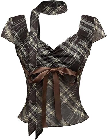 MakeMeChic Women's Plaid Sweetheart Tops Mesh Bow Cap Sleeve Y2k T Shirts with Scarf in Saudi Arabia