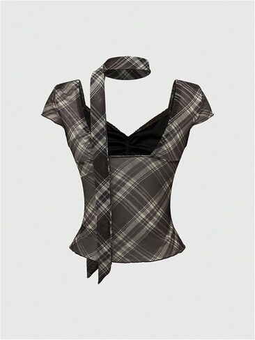 MakeMeChic Women's Plaid Sweetheart Tops Mesh Bow Cap Sleeve Y2k T Shirts with Scarf in Saudi Arabia