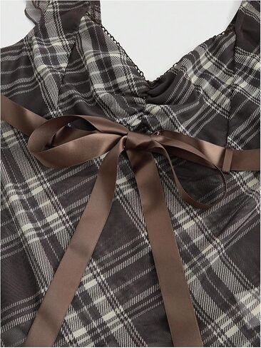 MakeMeChic Women's Plaid Sweetheart Tops Mesh Bow Cap Sleeve Y2k T Shirts with Scarf in Saudi Arabia