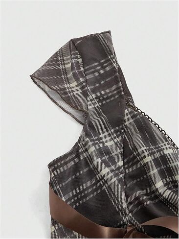 MakeMeChic Women's Plaid Sweetheart Tops Mesh Bow Cap Sleeve Y2k T Shirts with Scarf in Saudi Arabia