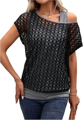 WDIRARA Women's Contrast Lace Asymmetrical Neck T Shirts Short Sleeve 2 in 1 Tops in Saudi Arabia