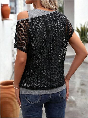 WDIRARA Women's Contrast Lace Asymmetrical Neck T Shirts Short Sleeve 2 in 1 Tops in Saudi Arabia