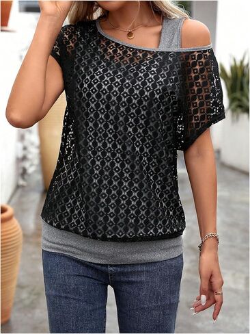 WDIRARA Women's Contrast Lace Asymmetrical Neck T Shirts Short Sleeve 2 in 1 Tops in Saudi Arabia