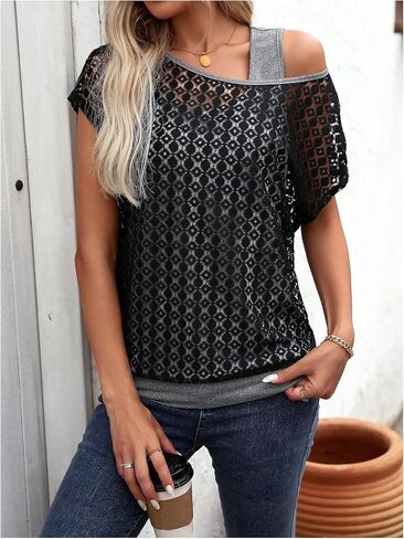 WDIRARA Women's Contrast Lace Asymmetrical Neck T Shirts Short Sleeve 2 in 1 Tops in Saudi Arabia