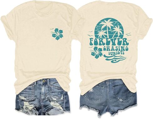 Fkatuzi هاواي قمصان الشاطئ للنساء شجرة النخيل زهرة الكركديه الجرافيك تيز الاستوائية عطلة الصيف تي شيرت ملابس علوية من القطن in Kuwait