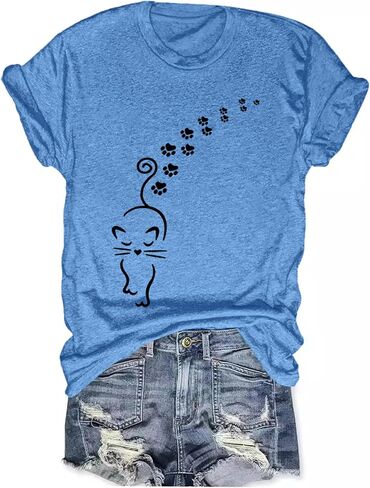 المرأة الصيف قصيرة الأكمام تي شيرت لطيف القط أمي تي شيرت جرافيك خمر Crewneck فضفاض قمم عارضة in Saudi Arabia