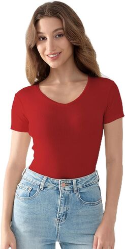 Comfneat Women's V-Neck T-Shirt Cotton Rib Fabric with Spandex in Kuwait