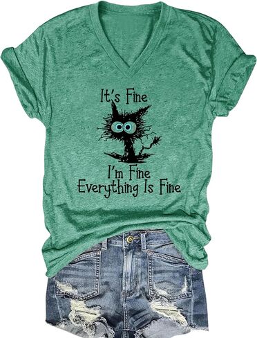 تي شيرت نسائي I'm Fine Everything is Fine برقبة على شكل حرف V وأكمام قصيرة ورسومات قطة لطيفة كاجوال فضفاض مناسب للعطلات in Saudi Arabia