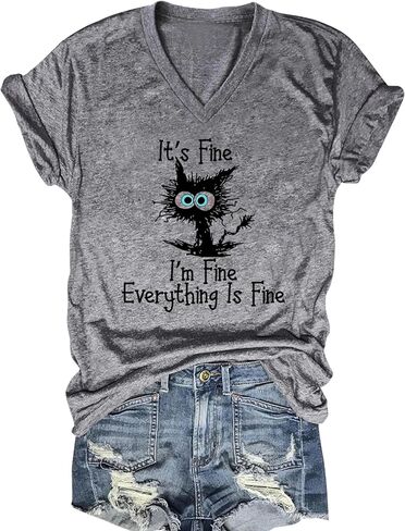 Women's I'm Fine Everything is Fine V Neck T-Shirt Cute Cat Graphic Short Sleeve Tee Casual Loose Fit Holiday Tops in Saudi Arabia