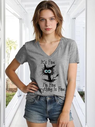 Women's I'm Fine Everything is Fine V Neck T-Shirt Cute Cat Graphic Short Sleeve Tee Casual Loose Fit Holiday Tops in Saudi Arabia