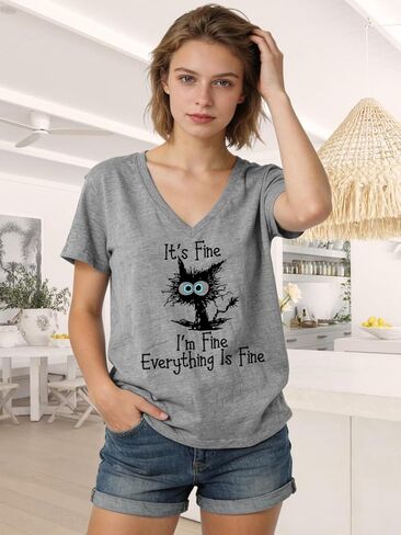 Women's I'm Fine Everything is Fine V Neck T-Shirt Cute Cat Graphic Short Sleeve Tee Casual Loose Fit Holiday Tops in Saudi Arabia