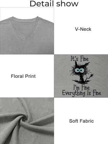 Women's I'm Fine Everything is Fine V Neck T-Shirt Cute Cat Graphic Short Sleeve Tee Casual Loose Fit Holiday Tops in Saudi Arabia