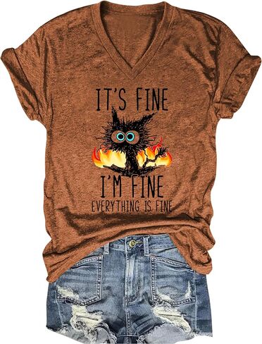 Women's I'm Fine Everything is Fine V Neck T-Shirt Cute Cat Graphic Short Sleeve Tee Casual Loose Fit Holiday Tops in Saudi Arabia