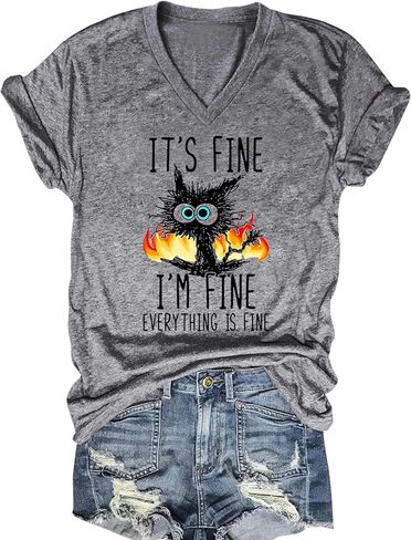 Women's I'm Fine Everything is Fine V Neck T-Shirt Cute Cat Graphic Short Sleeve Tee Casual Loose Fit Holiday Tops in Saudi Arabia
