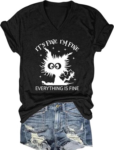 Women's I'm Fine Everything is Fine V Neck T-Shirt Cute Cat Graphic Short Sleeve Tee Casual Loose Fit Holiday Tops in Saudi Arabia