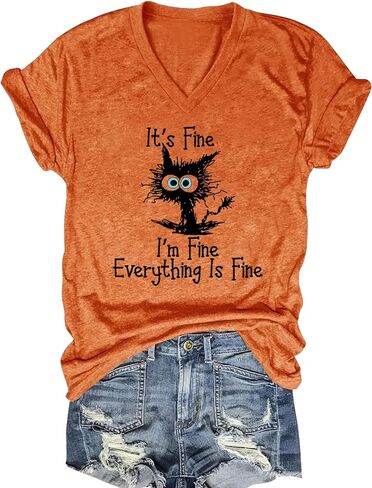 Women's I'm Fine Everything is Fine V Neck T-Shirt Cute Cat Graphic Short Sleeve Tee Casual Loose Fit Holiday Tops in Saudi Arabia