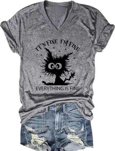 Women's I'm Fine Everything is Fine V Neck T-Shirt Cute Cat Graphic Short Sleeve Tee Casual Loose Fit Holiday Tops in Saudi Arabia